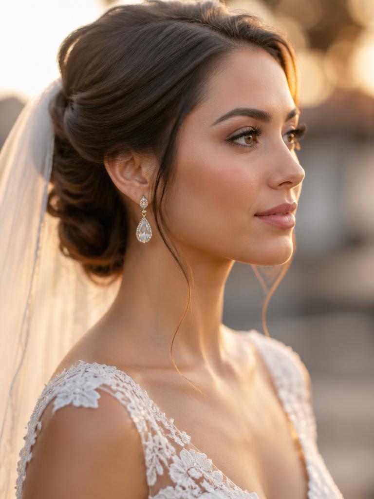 Elegant bridal makeup portrait in warm light