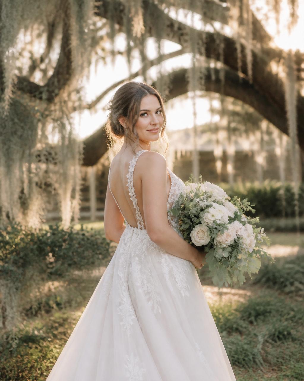 Bridal portrait in a mossy oak setting with golden hour light