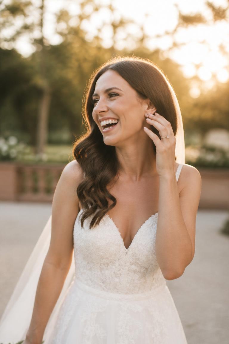 Bride laughing in warm golden hour light