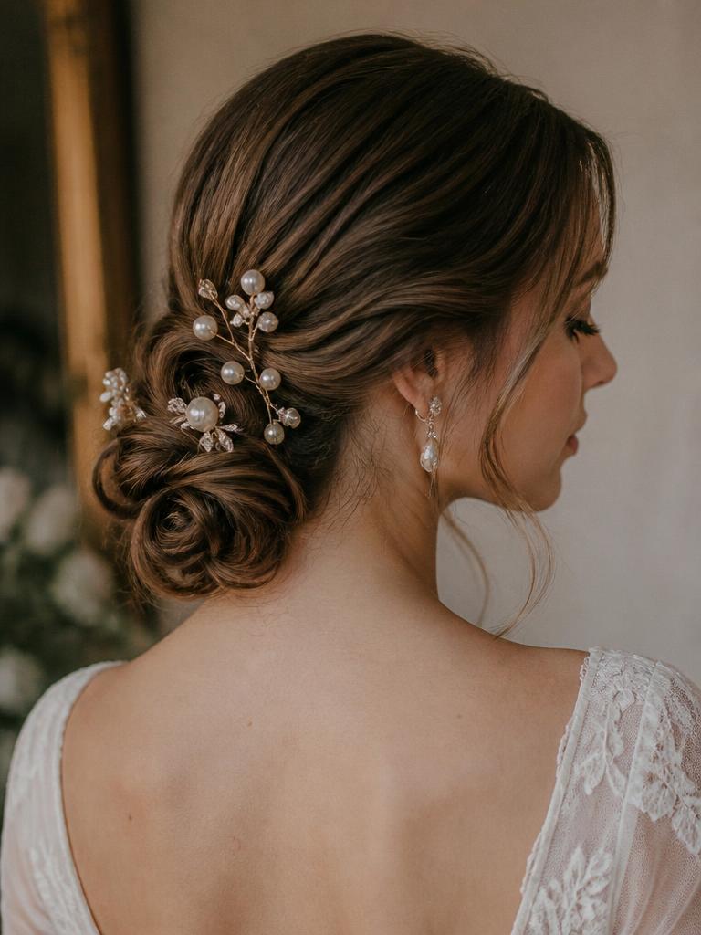 Elegant bridal hair detail with pearl pins