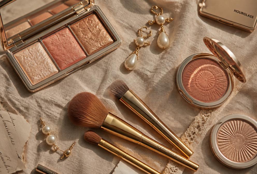 Luxury makeup flatlay on antique linen